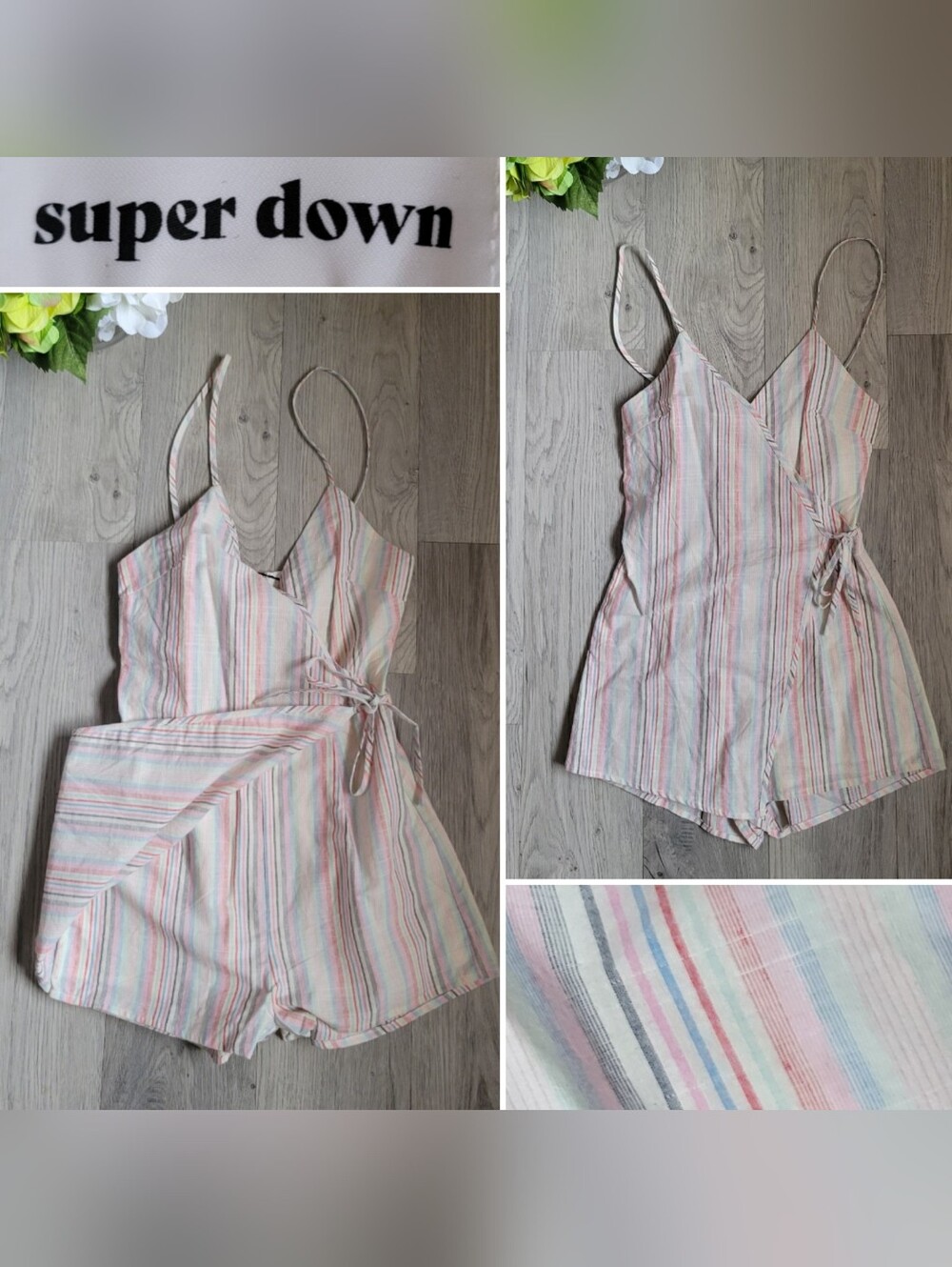 Superdown Pastel Striped Faux Wrap Romper Dress with Side Tie, Women's XXS